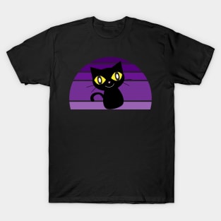 Purple Retro sunset Cute Black Cat face T-Shirt